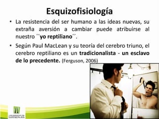 Esquizofisiología
• La resistencia del ser humano a las ideas nuevas, su
  extraña aversión a cambiar puede atribuirse al
  nuestro ´´yo reptiliano´´.
• Según Paul MacLean y su teoría del cerebro triuno, el
  cerebro reptiliano es un tradicionalista - un esclavo
  de lo precedente. (Ferguson, 2006)
 