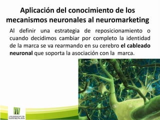 Aplicación del conocimiento de los
mecanismos neuronales al neuromarketing
Al definir una estrategia de reposicionamiento o
cuando decidimos cambiar por completo la identidad
de la marca se va rearmando en su cerebro el cableado
neuronal que soporta la asociación con la marca.
 
