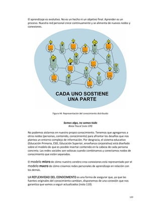 El aprendizaje es evolutivo. No es un hecho ni un objetivo final. Aprender es un
proceso. Nuestra red personal crece continuamente y se alimenta de nuevos nodos y
conexiones.




                   Figura 44. Representación del conocimiento distribuido


                             Somos algo, no somos todo
                                  Blaise Pascal (nota 109)

No podemos aislarnos en nuestro propio conocimiento. Tenemos que agregarnos a
otros nodos (personas, contenido, conocimiento) para afrontar los desafíos que nos
plantea un entorno complejo de información. Por desgracia, el sistema educativo
(Educación Primaria, ESO, Educación Superior, enseñanza corporativa) está diseñado
sobre el modelo de que es posible insertar contenido en la cabeza de cada persona
concreta. Las redes sociales son valiosas cuando combinamos y conectamos nodos de
conocimiento que están separados.

El modelo micro de cómo nuestro cerebro crea conexiones está representado por el
modelo macro de cómo creamos redes personales de aprendizaje en relación con
los demás.

LA REFLEXIVIDAD DEL CONOCIMIENTO es una forma de asegurar que, ya que las
fuentes originales del conocimiento cambian, disponemos de una conexión que nos
garantiza que vamos a seguir actualizados (nota 110).



                                                                                  120
 