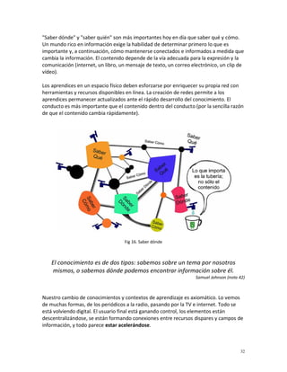 "Saber dónde" y "saber quién" son más importantes hoy en día que saber qué y cómo.
Un mundo rico en información exige la habilidad de determinar primero lo que es
importante y, a continuación, cómo mantenerse conectados e informados a medida que
cambia la información. El contenido depende de la vía adecuada para la expresión y la
comunicación (internet, un libro, un mensaje de texto, un correo electrónico, un clip de
vídeo).

Los aprendices en un espacio físico deben esforzarse por enriquecer su propia red con
herramientas y recursos disponibles en línea. La creación de redes permite a los
aprendices permanecer actualizados ante el rápido desarrollo del conocimiento. El
conducto es más importante que el contenido dentro del conducto (por la sencilla razón
de que el contenido cambia rápidamente).




                                   Fig 16. Saber dónde



    El conocimiento es de dos tipos: sabemos sobre un tema por nosotros
     mismos, o sabemos dónde podemos encontrar información sobre él.
                                                                  Samuel Johnson (nota 42)



Nuestro cambio de conocimientos y contextos de aprendizaje es axiomático. Lo vemos
de muchas formas, de los periódicos a la radio, pasando por la TV e internet. Todo se
está volviendo digital. El usuario final está ganando control, los elementos están
descentralizándose, se están formando conexiones entre recursos dispares y campos de
información, y todo parece estar acelerándose.



                                                                                       32
 