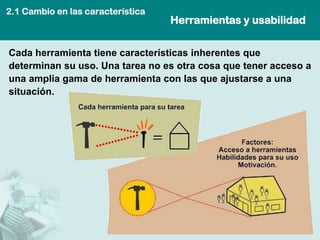 Herramientas y usabilidad 
Cada herramienta tiene características inherentes que determinan su uso. Una tarea no es otra cosa que tener acceso a una amplia gama de herramienta con las que ajustarse a una situación. 
2.1 Cambio en las característica  