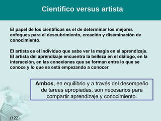 Cientifico versus artista El papel de los científicos es el de determinar los mejores enfoques para el descubrimiento, creación y diseminación de conocimiento. El artista es el individuo que sabe ver la magia en el aprendizaje. El artista del aprendizaje encuentra la belleza en el diálogo, en la interacción, en las conexiones que se forman entre lo que se conoce y lo que se está empezando a conocer Ambos , en equilibrio y a través del desempeño de tareas apropiadas, son necesarios para compartir aprendizaje y conocimiento. (122) 