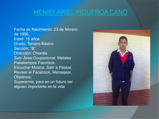 HENRY ARIEL FIGUEROA CANO

Fecha de Nacimiento: 23 de febrero
de 1996.
Edad: 15 años
Grado: Tercero Básico
Sección: “B”
Dirección: Chiantla
Sub- Área Ocupacional: Metales
Pasatiempos Favoritos:
Escuchar Música, Salir a Pasear,
Revisar el Facebook, Mensajear.
Objetivos:
Superarme, para en un futuro ser
alguien importante en la vida
 