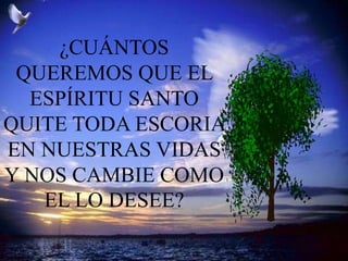 ¿CUÁNTOS
QUEREMOS QUE EL
ESPÍRITU SANTO
QUITE TODA ESCORIA
EN NUESTRAS VIDAS
Y NOS CAMBIE COMO
EL LO DESEE?
 