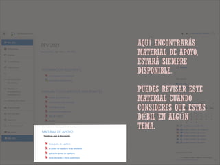 AQUÍ ENCONTRARÁS
MATERIAL DE APOYO,
ESTARÁ SIEMPRE
DISPONIBLE.
PUEDES REVISAR ESTE
MATERIAL CUANDO
CONSIDERES QUE ESTAS
DÉBIL EN ALGÚN
TEMA.
 