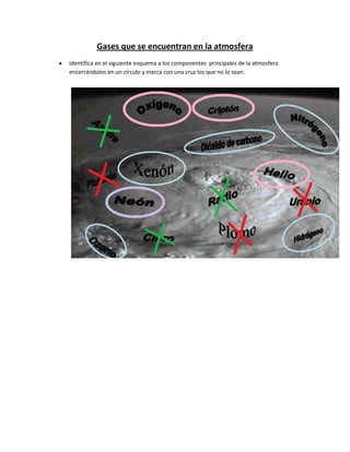 Gases que se encuentran en la atmosfera
Identifica en el siguiente esquema a los componentes principales de la atmosfera
encerrándolos en un círculo y marca con una cruz los que no lo sean.

 