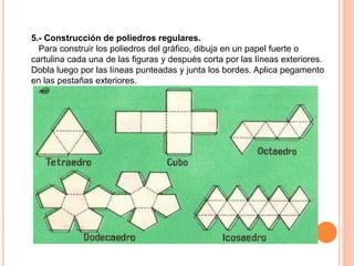 5.- Construcción de poliedros regulares.
Para construir los poliedros del gráfico, dibuja en un papel fuerte o
cartulina cada una de las figuras y después corta por las líneas exteriores.
Dobla luego por las líneas punteadas y junta los bordes. Aplica pegamento
en las pestañas exteriores.
 