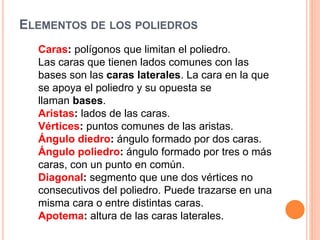 ELEMENTOS DE LOS POLIEDROS
Caras: polígonos que limitan el poliedro.
Las caras que tienen lados comunes con las
bases son las caras laterales. La cara en la que
se apoya el poliedro y su opuesta se
llaman bases.
Aristas: lados de las caras.
Vértices: puntos comunes de las aristas.
Ángulo diedro: ángulo formado por dos caras.
Ángulo poliedro: ángulo formado por tres o más
caras, con un punto en común.
Diagonal: segmento que une dos vértices no
consecutivos del poliedro. Puede trazarse en una
misma cara o entre distintas caras.
Apotema: altura de las caras laterales.
 