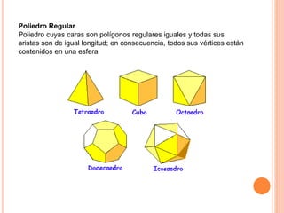 Poliedro Regular
Poliedro cuyas caras son polígonos regulares iguales y todas sus
aristas son de igual longitud; en consecuencia, todos sus vértices están
contenidos en una esfera
 