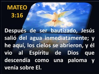 Después de ser bautizado, Jesús
salió del agua inmediatamente; y
he aquí, los cielos se abrieron, y él
vio al Espíritu de Dios que
descendía como una paloma y
venía sobre El.
MATEO
3:16
 
