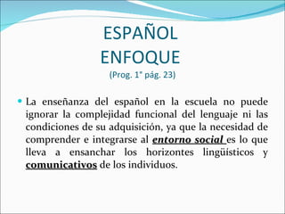 ESPAÑOL  ENFOQUE  (Prog. 1° pág. 23) La enseñanza del español en la escuela no puede ignorar la complejidad funcional del lenguaje ni las condiciones de su adquisición, ya que la necesidad de comprender e integrarse al  entorno social  es lo que lleva a ensanchar los horizontes lingüísticos y  comunicativos  de los individuos. 