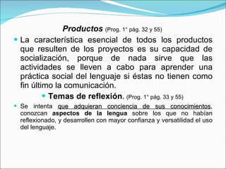 Productos   (Prog. 1° pág. 32 y 55)   La característica esencial de todos los productos que resulten de los proyectos es su capacidad de socialización, porque de nada sirve que las actividades se lleven a cabo para aprender una práctica social del lenguaje si éstas no tienen como fin último la comunicación. Temas de reflexión .  (Prog. 1° pág. 33 y 55)   Se intenta  que adquieran conciencia de sus conocimientos , conozcan  aspectos de la lengua  sobre los que no habían reflexionado, y desarrollen con mayor confianza y versatilidad el uso del lenguaje. 