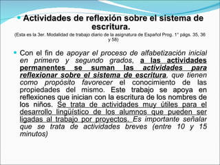 Actividades de reflexión sobre el sistema de escritura.  (Esta es la 3er. Modalidad de trabajo diario de la asignatura de Español   Prog. 1° págs. 35, 36 y 58) Con el fin de  apoyar el proceso de alfabetización inicial en primero y segundo grados ,  a las actividades permanentes se suman las  actividades para reflexionar sobre el sistema de escritura , que tienen como propósito favorecer  el conocimiento de las propiedades del mismo.  Este trabajo se apoya en reflexiones que inician con la escritura de los nombres de los niños.   Se trata de actividades muy útiles para el desarrollo lingüístico de los alumnos que pueden ser ligadas al trabajo por proyectos.  Es importante señalar que se trata de actividades breves (entre 10 y 15 minutos) 
