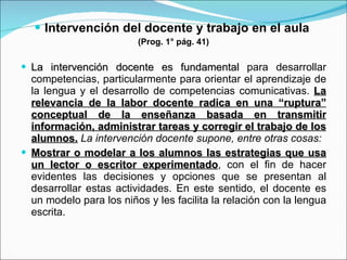 Intervención del docente y trabajo en el aula  (Prog. 1° pág. 41) La intervención docente es fundamental  para desarrollar competencias, particularmente para orientar el aprendizaje de la lengua y el desarrollo de competencias comunicativas.  La relevancia de la labor docente radica en una “ruptura” conceptual de la enseñanza basada en transmitir información, administrar tareas y corregir el trabajo de los alumnos.   La intervención docente supone, entre otras cosas: Mostrar o modelar a los alumnos las estrategias que usa un lector o escritor experimentado , con el fin de hacer evidentes las decisiones y opciones que se presentan al desarrollar estas actividades. En este sentido, el docente es un modelo para los niños y les facilita la relación con la lengua escrita. 
