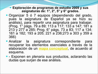 Exploración de programas de estudio 2009 y sus asignaturas de: 1°, 2°, 5° y 6° grados. Organizar 5 ó 7 equipos (dependiendo del grado, pues la asignatura de Español ya se hizo su análisis), para repartir una asignatura para trabajar. (Prog. 1° págs. 79 a 89; 113 a 117; 133 a 147; 181 a 213 y 277 a 285; Prog. 6° págs. 73 a 83; 117 a 134; 161 a 182; 193 a 205; 221 a 236;273 a 303 y 359 a 366) Analizar la asignatura correspondiente para recuperar los elementos esenciales a través de la elaboración de un  mapa conceptual , de acuerdo al esquema.  - Exponen en plenaria sus productos, aclarando las dudas que surjan de ese análisis. 