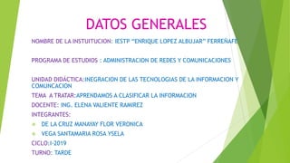 DATOS GENERALES
NOMBRE DE LA INSTUITUCION: IESTP “ENRIQUE LOPEZ ALBUJAR” FERREÑAFE
PROGRAMA DE ESTUDIOS : ADMINISTRACION DE REDES Y COMUNICACIONES
UNIDAD DIDÁCTICA:INEGRACION DE LAS TECNOLOGIAS DE LA INFORMACION Y
COMUNCACION
TEMA A TRATAR:APRENDAMOS A CLASIFICAR LA INFORMACION
DOCENTE: ING. ELENA VALIENTE RAMIREZ
INTEGRANTES:
 DE LA CRUZ MANAYAY FLOR VERONICA
 VEGA SANTAMARIA ROSA YSELA
CICLO:I-2019
TURNO: TARDE
 