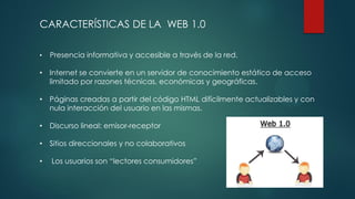 CARACTERÍSTICAS DE LA WEB 1.0
• Presencia informativa y accesible a través de la red.
• Internet se convierte en un servidor de conocimiento estático de acceso
limitado por razones técnicas, económicas y geográficas.
• Páginas creadas a partir del código HTML difícilmente actualizables y con
nula interacción del usuario en las mismas.
• Discurso lineal: emisor-receptor
• Sitios direccionales y no colaborativos
• Los usuarios son “lectores consumidores”
 