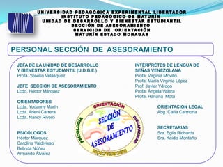 JEFA DE LA UNIDAD DE DESARROLLO
Y BIENESTAR ESTUDIANTIL (U.D.B.E.)
Profa. Yoselín Velásquez
JEFE SECCIÓN DE ASESORAMIENTO
Lcdo. Héctor Márquez
ORIENTADORES
Lcda. Yudanny Marín
Lcda. Arleni Carrera
Lcda. Nancy Rivero
PSICÓLOGOS
Héctor Márquez
Carolina Valdivieso
Belinda Núñez
Armando Álvarez
INTÉRPRETES DE LENGUA DE
SEÑAS VENEZOLANA
Profa. Virginia Movilio
Profa. María Virginia López
Prof. Javier Ydrogo
Profa. Ángela Valera
Profa. Hariana Mota
ORIENTACION LEGAL
Abg. Carla Carmona
SECRETARIAS
Sra. Eglis Richards
Sra. Keidis Montaño
.
 