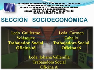 SECCIÓN SOCIOECONÓMICA
Lcdo. Guillermo
Velásquez
Trabajador Social
Oficina 18
Lcda. Carmen
Cabello
Trabajadora Social
Oficina 16
Lcda. Nancy Rivero
Lcda. Johana Vallenilla
Trabajadora Social
Oficina 16
 