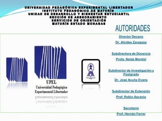 Director Decano
Dr. Alcides Zaragoza
Subdirectora de Docencia
Profa. Neida Montiel
Subdirector de Investigación y
Postgrado
Dr. José Acuña Evans
Subdirector de Extensión
Prof. Robin Ascanio
Secretario
Prof. Hernán Ferrer
 
