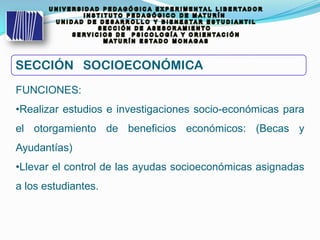 FUNCIONES:
•Realizar estudios e investigaciones socio-económicas para
el otorgamiento de beneficios económicos: (Becas y
Ayudantías)
•Llevar el control de las ayudas socioeconómicas asignadas
a los estudiantes.
SECCIÓN SOCIOECONÓMICA
 