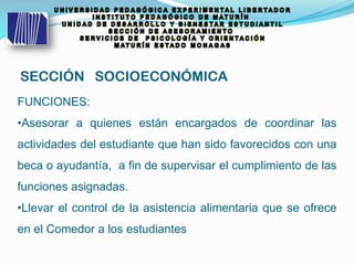 FUNCIONES:
•Asesorar a quienes están encargados de coordinar las
actividades del estudiante que han sido favorecidos con una
beca o ayudantía, a fin de supervisar el cumplimiento de las
funciones asignadas.
•Llevar el control de la asistencia alimentaria que se ofrece
en el Comedor a los estudiantes
SECCIÓN SOCIOECONÓMICA
 