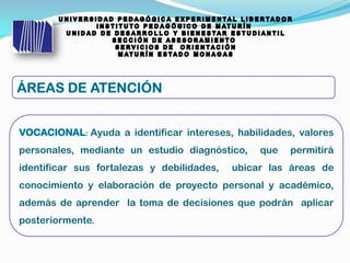Ayuda a identificar intereses, habilidades, valores
personales, mediante un estudio diagnóstico, que permitirá
identificar sus fortalezas y debilidades, ubicar las áreas de
conocimiento y elaboración de proyecto personal y académico,
además de aprender la toma de decisiones que podrán aplicar
posteriormente.
 