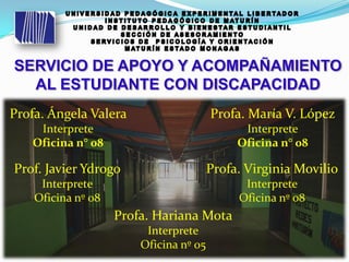 Profa. Ángela Valera
Interprete
Oficina n° 08
Profa. María V. López
Interprete
Oficina n° 08
Profa. Virginia Movilio
Interprete
Oficina nº 08
Prof. Javier Ydrogo
Interprete
Oficina nº 08
Profa. Hariana Mota
Interprete
Oficina nº 05
 
