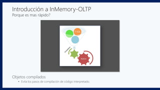 Introducción a InMemory-OLTP
Porque es mas rápido?
Objetos compilados
• Evita los pasos de compilación de código interpretado.
 