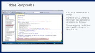 Tablas Temporales
• Cálculo de tendencias en el
tiempo
• Mantener Slowly Changing
Dimension para aplicaciones
de soporte de decisiones
• Recuperación de cambios de
datos accidentales y errores
de aplicación
 
