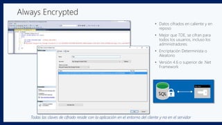 Always Encrypted
• Datos cifrados en caliente y en
reposo
• Mejor que TDE, se cifran para
todos los usuarios, incluso los
administradores.
• Encriptación Determinista o
Aleatorio
• Versión 4.6 o superior de .Net
Framework
Todas las claves de cifrado reside con la aplicación en el entorno del cliente y no en el servidor
 