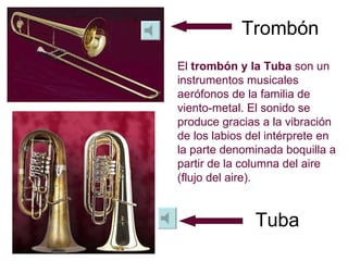 Trombón Tuba El  trombón y la Tuba  son un instrumentos musicales aerófonos de la familia de viento-metal. El sonido se pr...