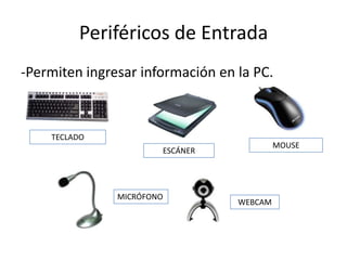 Periféricos de Entrada-Permiten ingresar información en la PC.TECLADOMOUSEESCÁNERMICRÓFONOWEBCAM