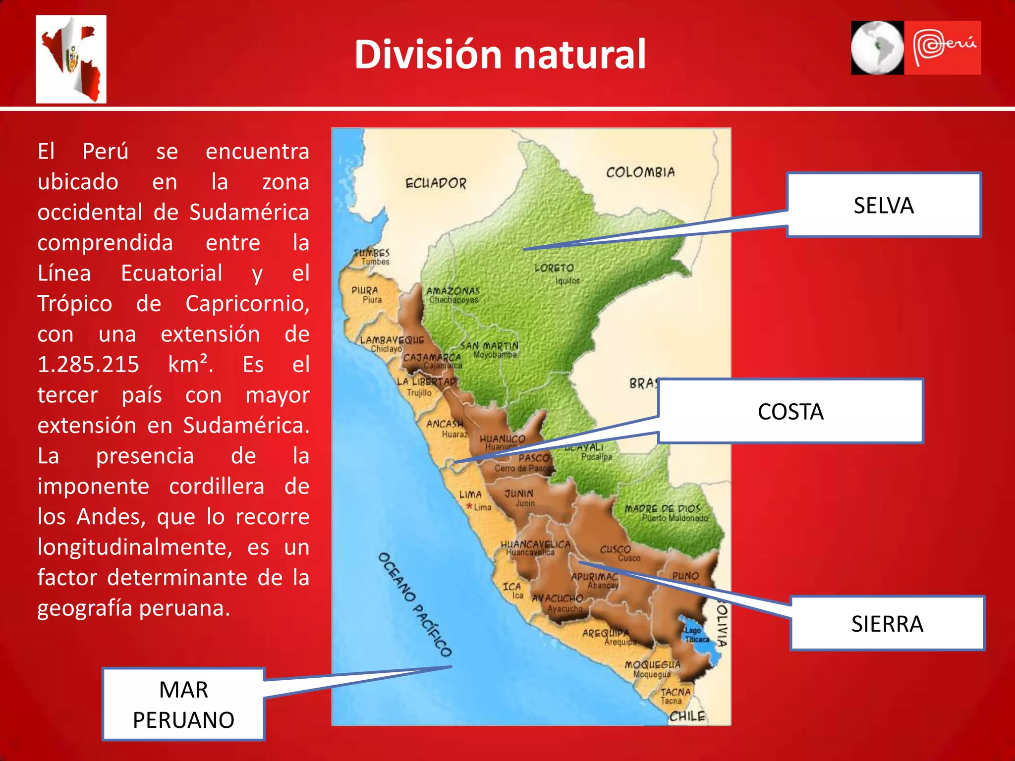 División natural

El Perú se encuentra
ubicado en la zona
occidental de Sudamérica                               SELVA
comprendida entre la
Línea Ecuatorial y el
Trópico de Capricornio,
con una extensión de
1.285.215 km². Es el
tercer país con mayor
                                               COSTA
extensión en Sudamérica.
La presencia de la
imponente cordillera de
los Andes, que lo recorre
longitudinalmente, es un
factor determinante de la
geografía peruana.
                                                       SIERRA

          MAR
        PERUANO
 