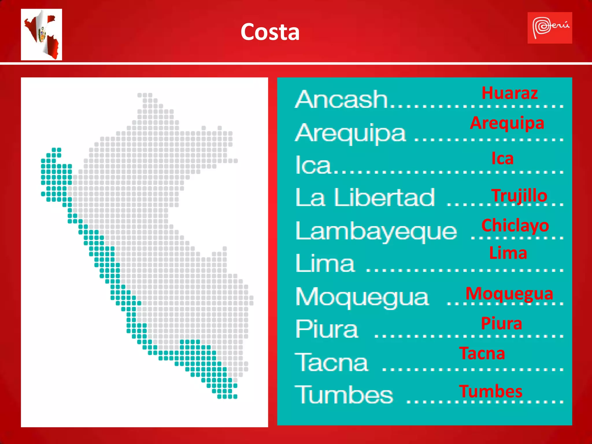 Costa

          Huaraz
         Arequipa
           Ica
           Trujillo
          Chiclayo
           Lima

        Moquegua
          Piura
        Tacna
        Tumbes
 