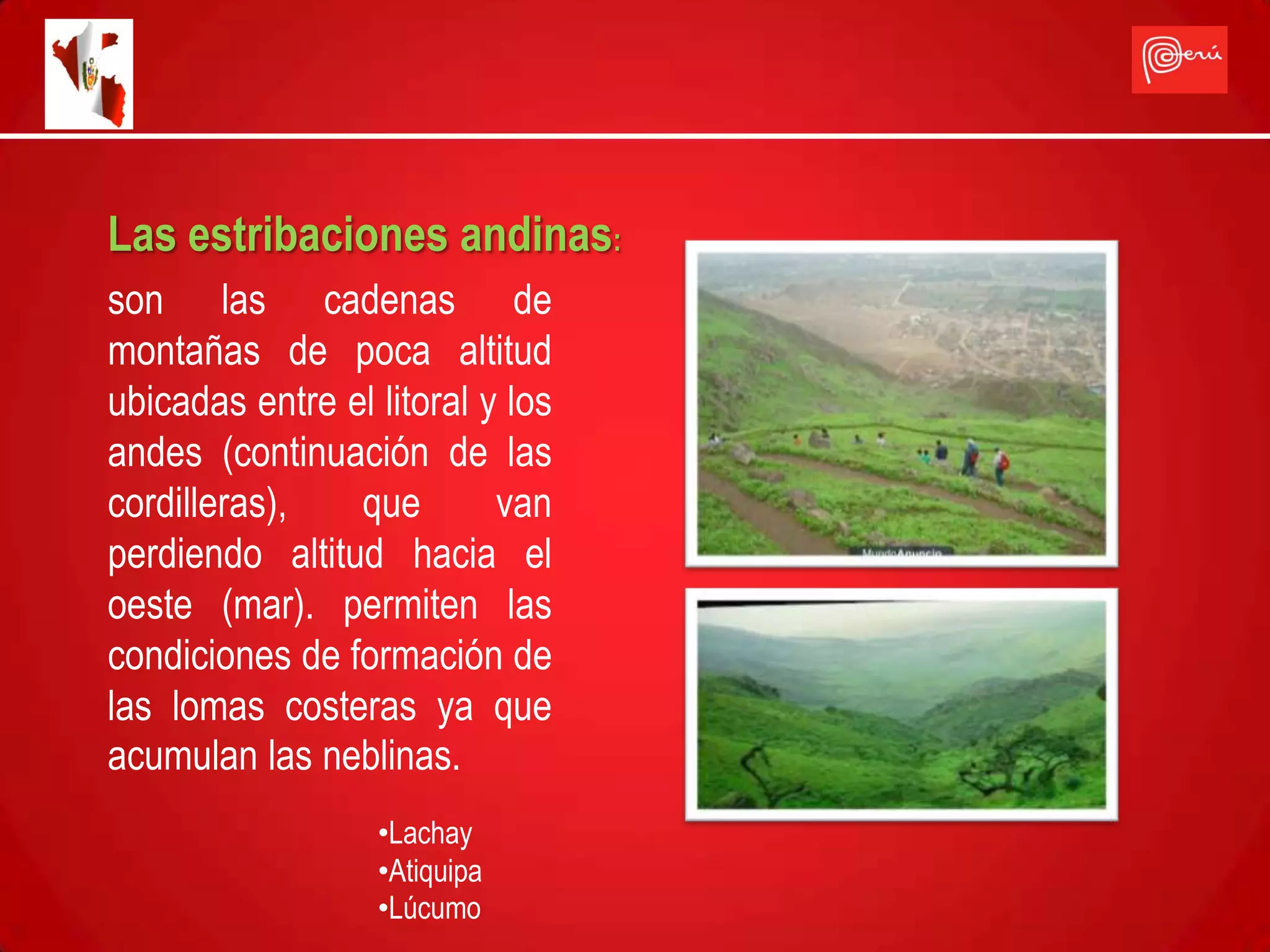 Las estribaciones andinas:
son las cadenas de
montañas de poca altitud
ubicadas entre el litoral y los
andes (continuación de las
cordilleras),   que        van
perdiendo altitud hacia el
oeste (mar). permiten las
condiciones de formación de
las lomas costeras ya que
acumulan las neblinas.
                  •Lachay
                  •Atiquipa
                  •Lúcumo
 