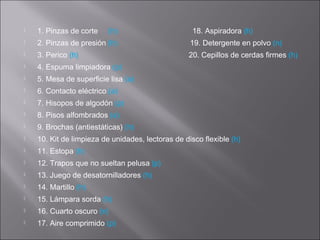

1. Pinzas de corte

(h)

18. Aspiradora (h)



2. Pinzas de presión (h)

19. Detergente en polvo (n)



3. Perico (h)

20. Cepillos de cerdas firmes (h)



4. Espuma limpiadora (p)



5. Mesa de superficie lisa (a)



6. Contacto eléctrico (a)



7. Hisopos de algodón (p)



8. Pisos alfombrados (a)



9. Brochas (antiestáticas) (h)



10. Kit de limpieza de unidades, lectoras de disco flexible (h)



11. Estopa (h)



12. Trapos que no sueltan pelusa (p)



13. Juego de desatornilladores (h)



14. Martillo (h)



15. Lámpara sorda (h)



16. Cuarto oscuro (n)



17. Aire comprimido (p)

 