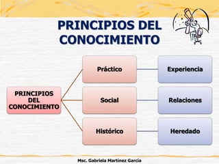 PRINCIPIOS
DEL
CONOCIMIENTO
Práctico Experiencia
Social Relaciones
Histórico Heredado
Msc. Gabriela Martínez García
PRINCIPIOS DEL
CONOCIMIENTO