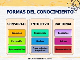 Msc. Gabriela Martínez García
FORMAS DEL CONOCIMIENTO
SENSORIAL
Sensación
Percepción
Representación
INTUITIVO
Experiencia
Hechos
Conocimientos
Adquiridos
RACIONAL
Conceptos
Juicios
Razonamientos