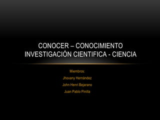 Miembros:
Jhovany Hernández
John Henri Bejarano
Juan Pablo Pinilla
CONOCER – CONOCIMIENTO
INVESTIGACIÓN CIENTIFICA - CIENCIA
 