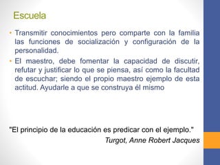 Escuela
• Transmitir conocimientos pero comparte con la familia
las funciones de socialización y configuración de la
personalidad.
• El maestro, debe fomentar la capacidad de discutir,
refutar y justificar lo que se piensa, así como la facultad
de escuchar; siendo el propio maestro ejemplo de esta
actitud. Ayudarle a que se construya él mismo
"El principio de la educación es predicar con el ejemplo."
Turgot, Anne Robert Jacques
 