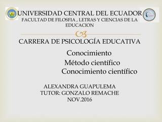 
UNIVERSIDAD CENTRAL DEL ECUADOR
FACULTAD DE FILOSFIA , LETRAS Y CIENCIAS DE LA
EDUCACION
CARRERA DE PSICOLOGÍA EDUCATIVA
Conocimiento
Método científico
Conocimiento científico
ALEXANDRA GUAPULEMA
TUTOR: GONZALO REMACHE
NOV.2016
 