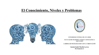 El Conocimiento, Niveles y Problemas
UNIVERSIDAD CENTRAL DEL ECUADOR
FACULTAD DE FILOSOFÍA, LETRAS Y CIENCIAS DE LA
EDUCACIÓN
CARRERA DE PSICOLOGÍA EDUCATIVA Y ORIENTACIÓN
Jazmín Isabel Murillo Larrea
5to Semestre C
 