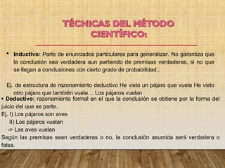  Inductivo: Parte de enunciados particulares para generalizar. No garantiza que
la conclusión sea verdadera aun partiendo de premisas verdaderas, si no que
se llegan a conclusiones con cierto grado de probabilidad..
Ej. de estructura de razonamiento deductivo He visto un pájaro que vuela He visto
otro pájaro que también vuela… Los pájaros vuelan
 Deductivo: razonamiento formal en el que la conclusión se obtiene por la forma del
juicio del que se parte.
Ej. I) Los pájaros son aves
II) Los pájaros vuelan
-> Las aves vuelan
Según las premisas sean verdaderas o no, la conclusión asumida será verdadera o
falsa.
 