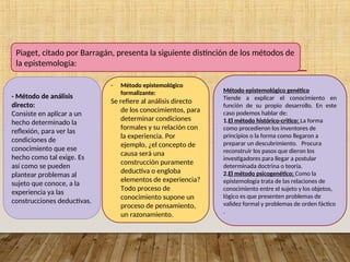 Piaget, citado por Barragán, presenta la siguiente distinción de los métodos de
la epistemología:
- Método de análisis
directo:
Consiste en aplicar a un
hecho determinado la
reflexión, para ver las
condiciones de
conocimiento que ese
hecho como tal exige. Es
así como se pueden
plantear problemas al
sujeto que conoce, a la
experiencia ya las
construcciones deductivas.
- Método epistemológico
formalizante:
Se refiere al análisis directo
de los conocimientos, para
determinar condiciones
formales y su relación con
la experiencia. Por
ejemplo, ¿el concepto de
causa será una
construcción puramente
deductiva o engloba
elementos de experiencia?
Todo proceso de
conocimiento supone un
proceso de pensamiento,
un razonamiento.
Método epistemológico genético
Tiende a explicar el conocimiento en
función de su propio desarrollo. En este
caso podemos hablar de:
1.El método histórico-critico: La forma
como procedieron los inventores de
principios o la forma como llegaron a
preparar un descubrimiento. Procura
reconstruir los pasos que dieron los
investigadores para llegar a postular
determinada doctrina o teoría.
2.El método psicogenético: Como la
epistemología trata de las relaciones de
conocimiento entre el sujeto y los objetos,
lógico es que presenten problemas de
validez formal y problemas de orden fáctico
.
 
