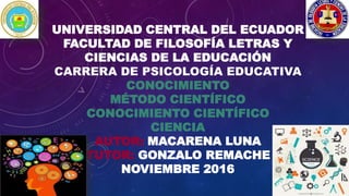 UNIVERSIDAD CENTRAL DEL ECUADOR
FACULTAD DE FILOSOFÍA LETRAS Y
CIENCIAS DE LA EDUCACIÓN
CARRERA DE PSICOLOGÍA EDUCATIVA
CONOCIMIENTO
MÉTODO CIENTÍFICO
CONOCIMIENTO CIENTÍFICO
CIENCIA
AUTOR: MACARENA LUNA
TUTOR: GONZALO REMACHE
NOVIEMBRE 2016
 