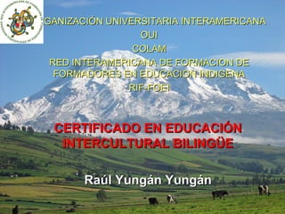 ORGANIZACIÓN UNIVERSITARIA INTERAMERICANA
                   OUI
                  COLAM
   RED INTERAMERICANA DE FORMACION DE
    FORMADORES EN EDUCACION INDIGENA
                 RIF-FOEI



    CERTIFICADO EN EDUCACIÓN
     INTERCULTURAL BILINGÜE

         Raúl Yungán Yungán
 