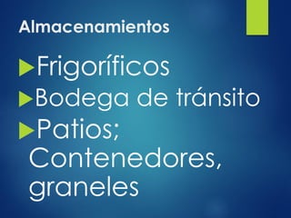 Almacenamientos
Frigoríficos
Bodega de tránsito
Patios;
Contenedores,
graneles
 