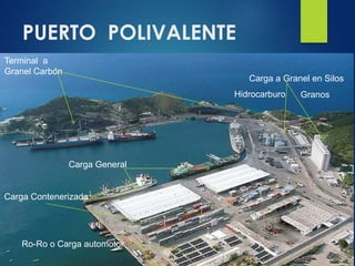 PUERTO POLIVALENTE
Terminal a
Granel Carbón
Carga General
Carga Contenerizada
Carga a Granel en Silos
Ro-Ro o Carga automotor
Hidrocarburo Granos
 
