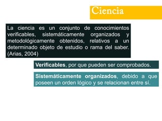 Ciencia
La ciencia es un conjunto de conocimientos
verificables, sistemáticamente organizados y
metodológicamente obtenidos, relativos a un
determinado objeto de estudio o rama del saber.
(Arias, 2004)
Verificables, por que pueden ser comprobados.
Sistemáticamente organizados, debido a que
poseen un orden lógico y se relacionan entre sí.
 